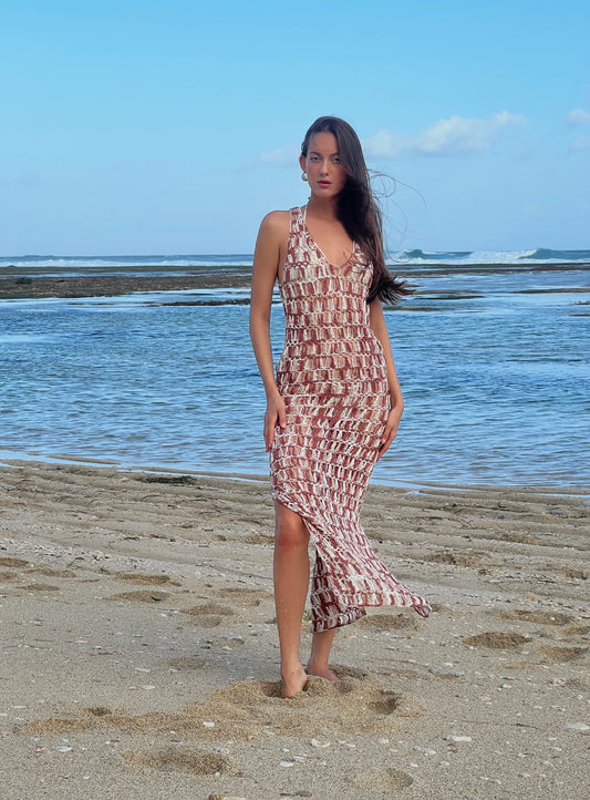 Renata Dress in Mocha - hand-crocheted halter midi dress with V-neckline, open back and side slit, front view | NYALA