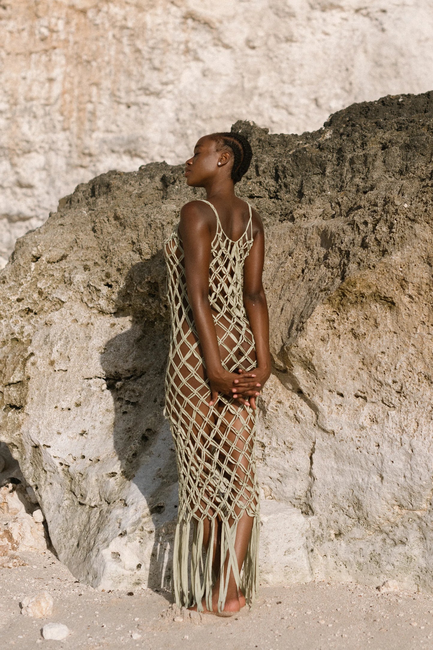 Ahana Dress in Olive – handcrafted macramé maxi dress with tassel hem, back view | NYALA