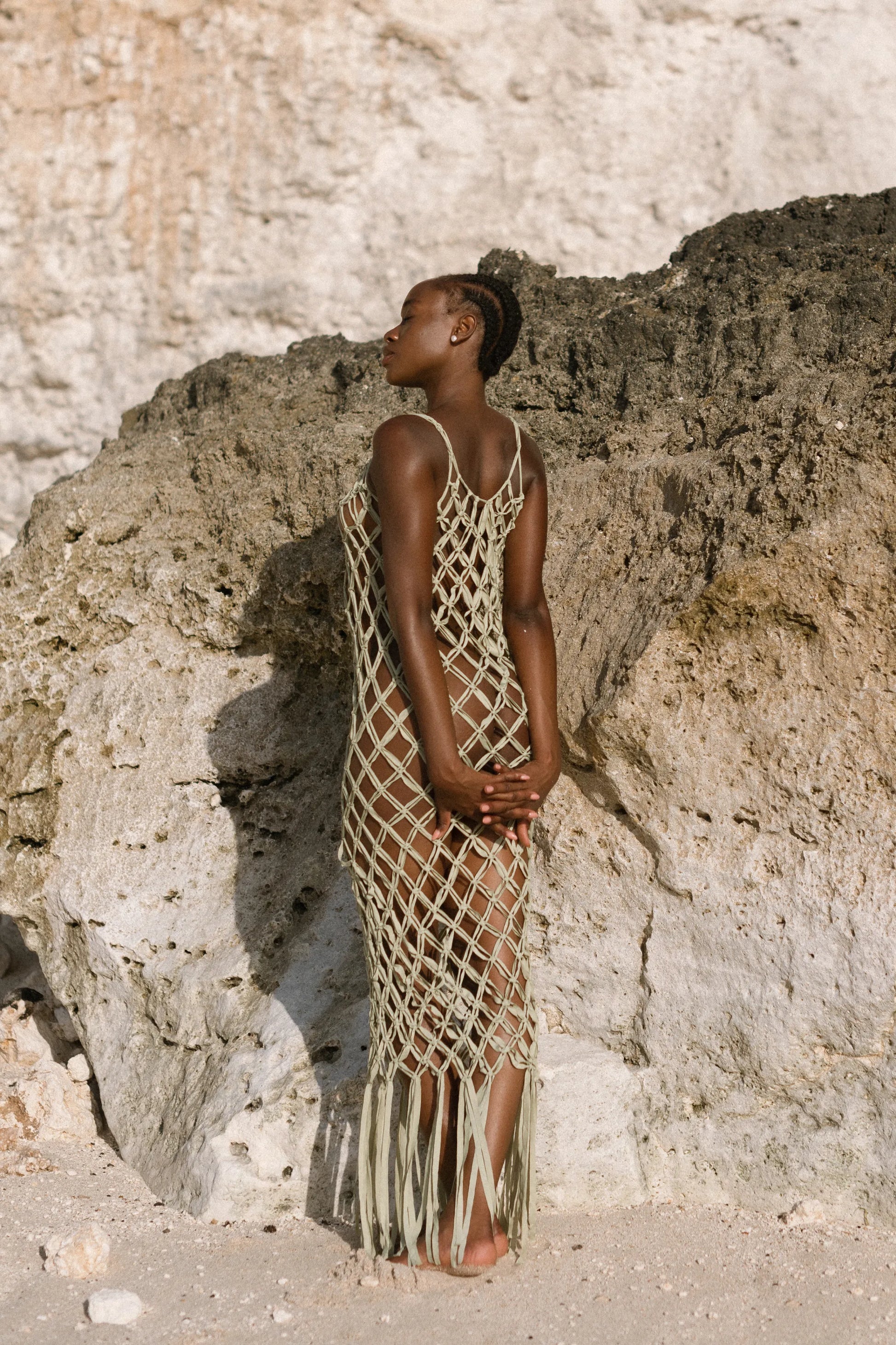 Ahana Dress – Diamond Net Macramé Maxi with Fringe Hem