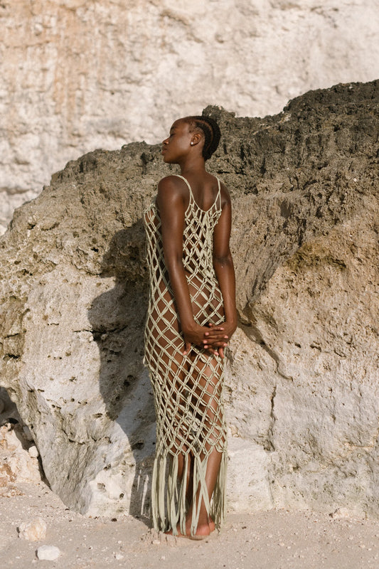 Ahana Dress in Olive – handcrafted macramé maxi dress with tassel hem, back view | NYALA
