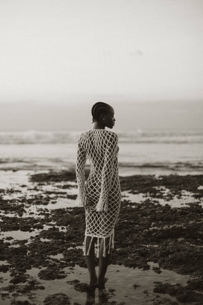 Aoloa Cardigan in Ivory — handcrafted diamond net macramé maxi cardigan with fringe hem, back view | NYALA
