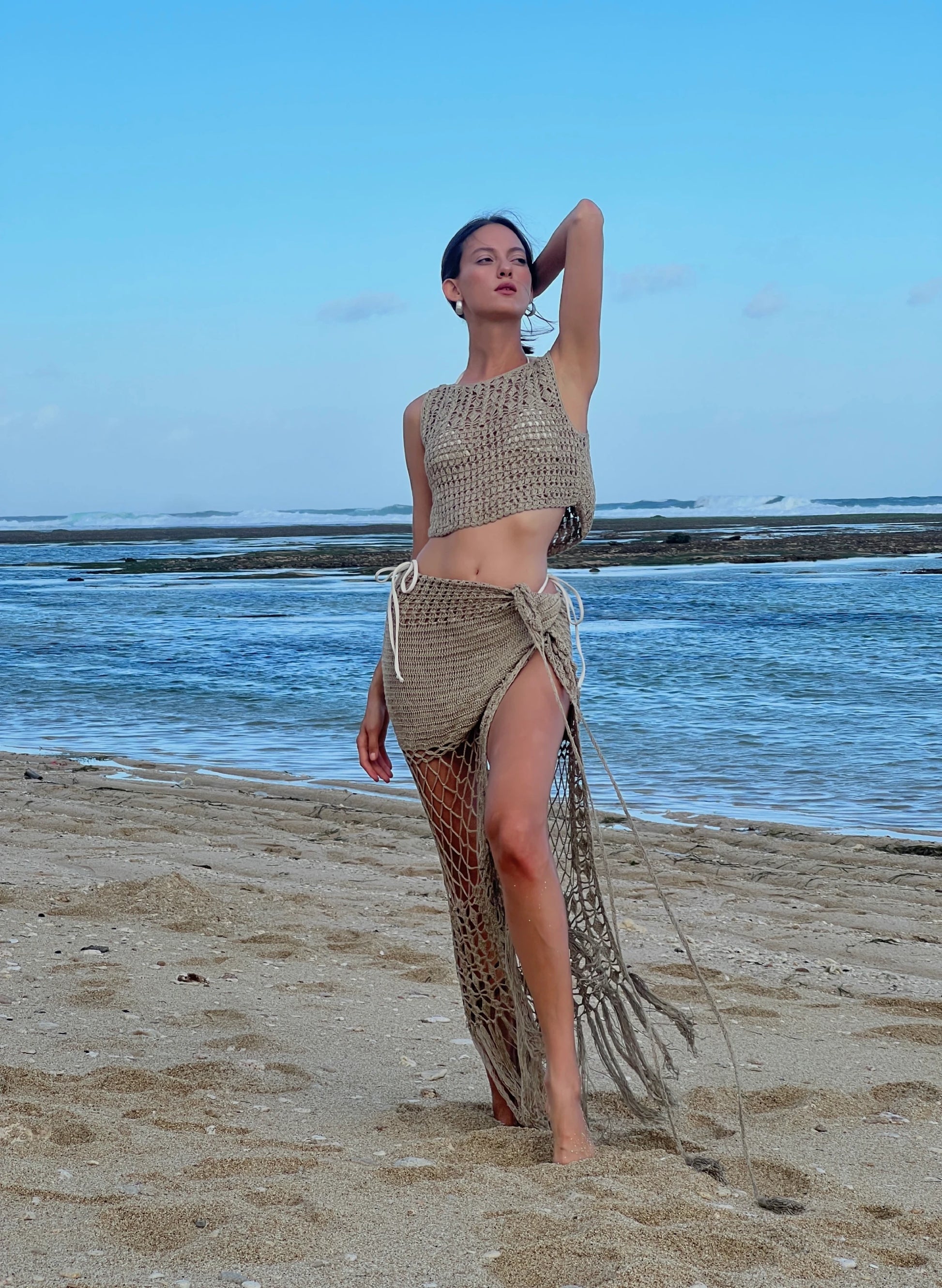 Aria Skirt in Mauve – crochet wrap maxi with diamond net & slit, front view | NYALA