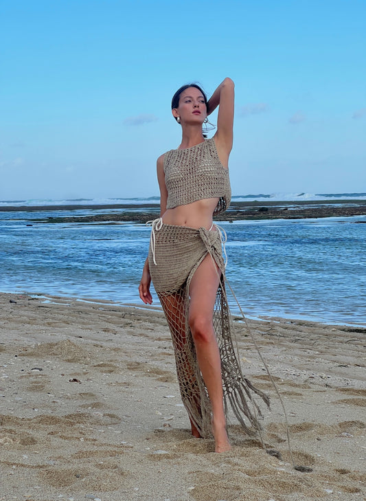 Aria Skirt in Mauve – crochet wrap maxi with diamond net & slit, front view | NYALA