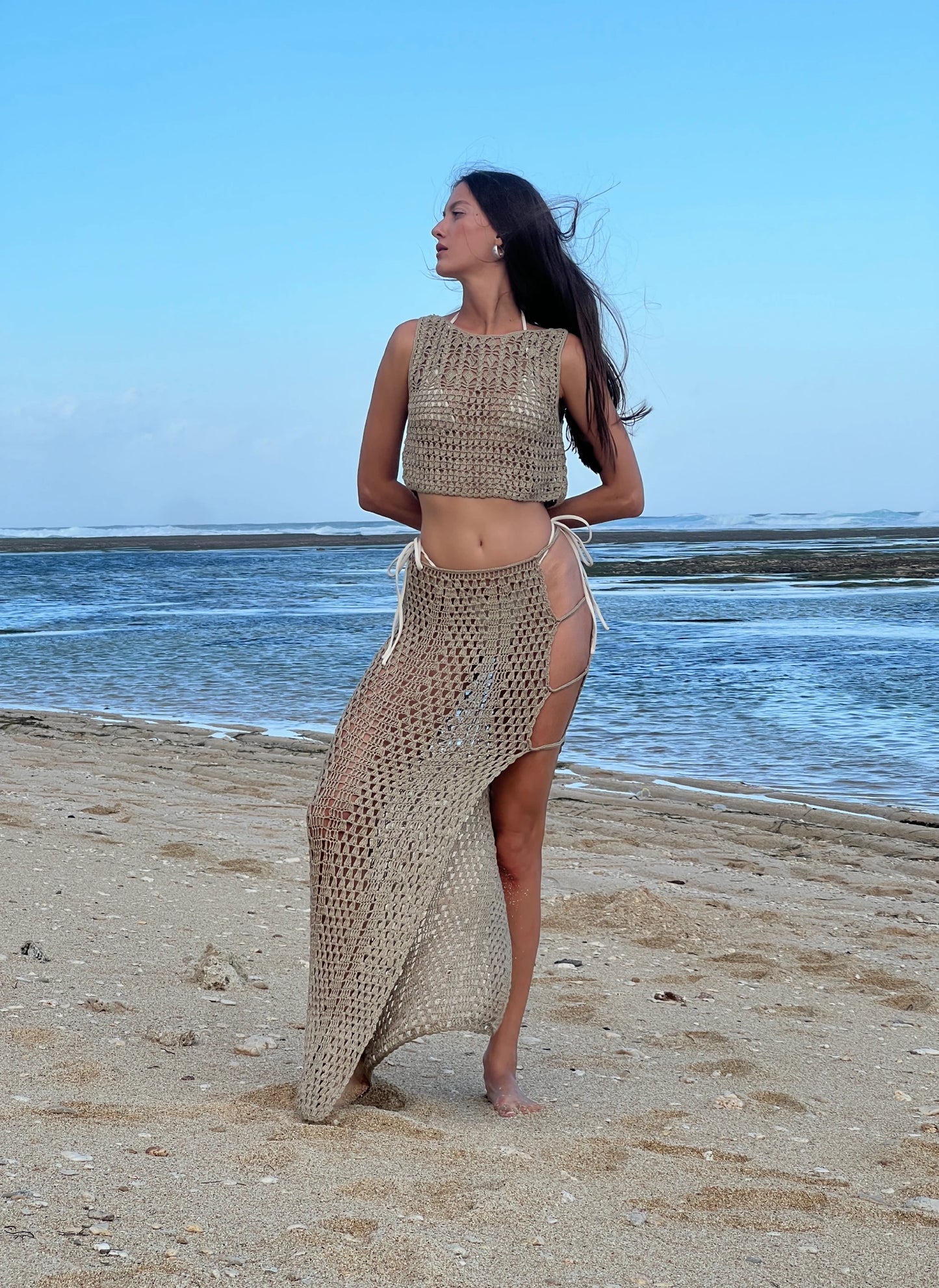 Ariana Skirt in Mauve - diamond net crochet maxi with ladder cutout detail, front view | NYALA