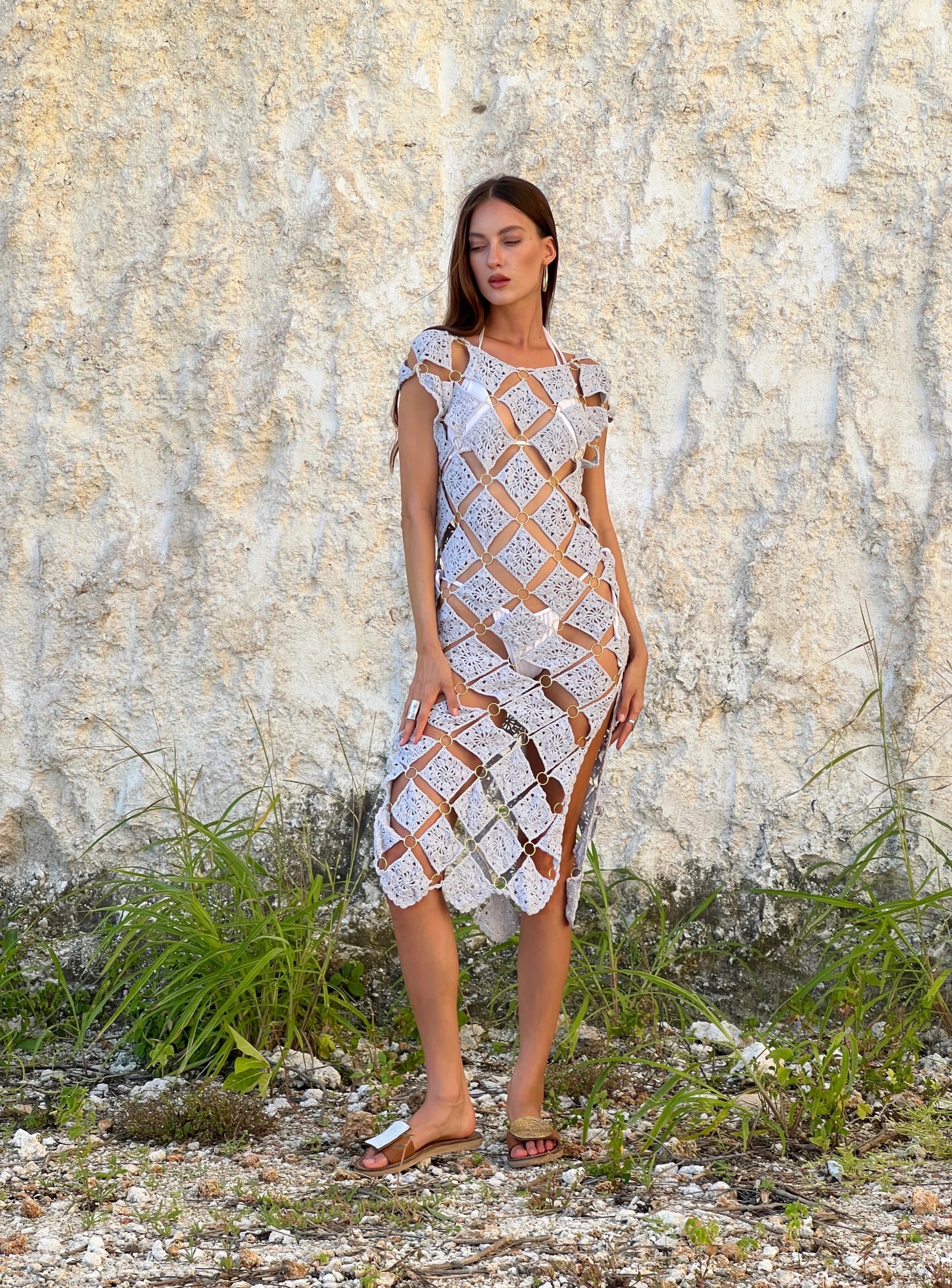 Armor Dress in Dove - granny square crochet midi with gold ring hardware, diamond cutouts, and scalloped hem, front view  | NYALA