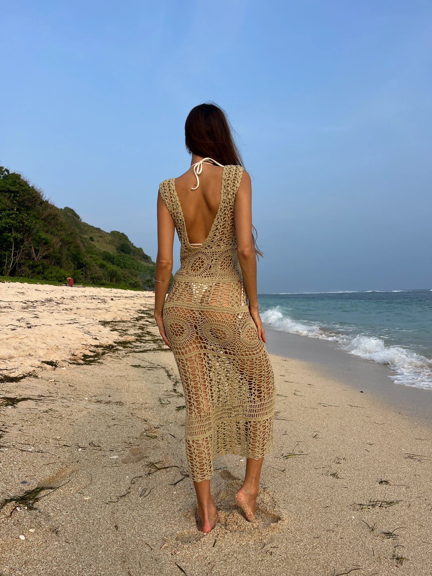 Paradise Found Dress in Almond - form-fitting multi-pattern crochet midi beach cover-up with boat neckline and open back, back view | NYALA