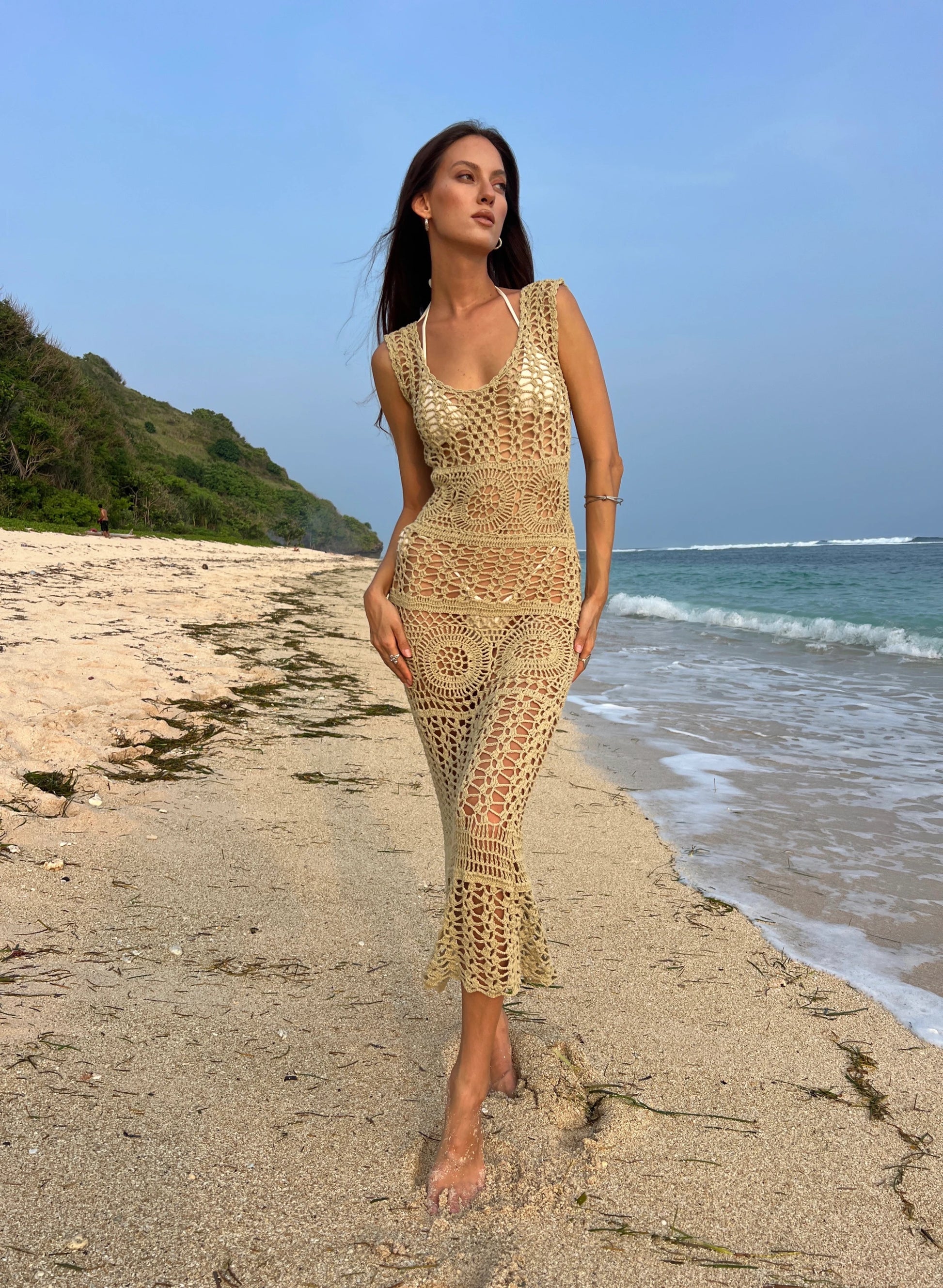 Paradise Found Dress in Almond - form-fitting multi-pattern crochet midi beach cover-up with boat neckline and open back, front view | NYALA
