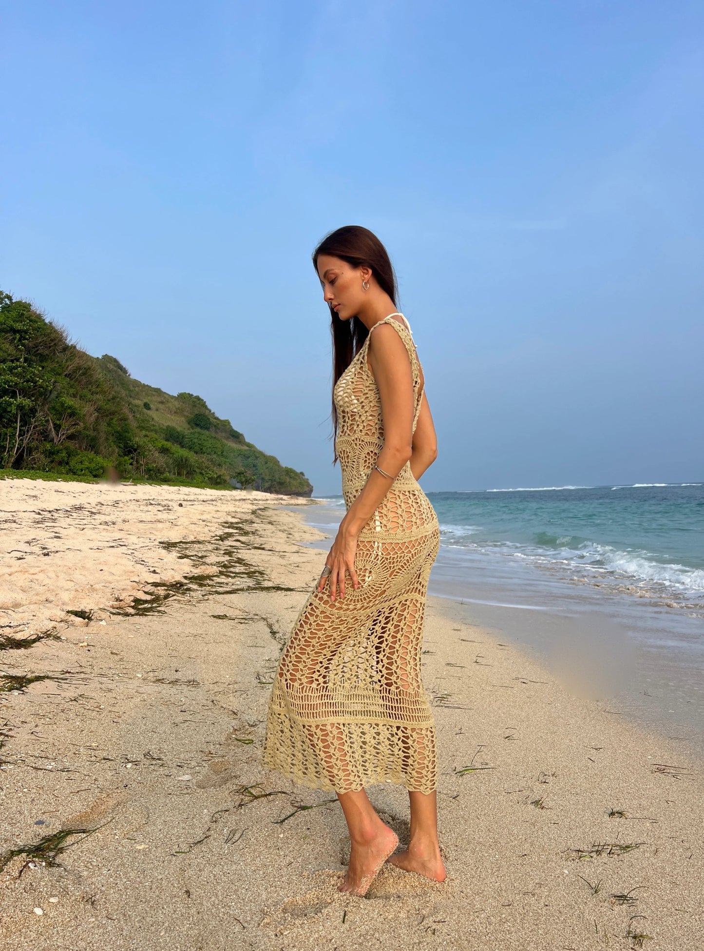 Paradise Found Dress in Almond - form-fitting multi-pattern crochet midi beach cover-up with boat neckline and open back, side view| NYALA
