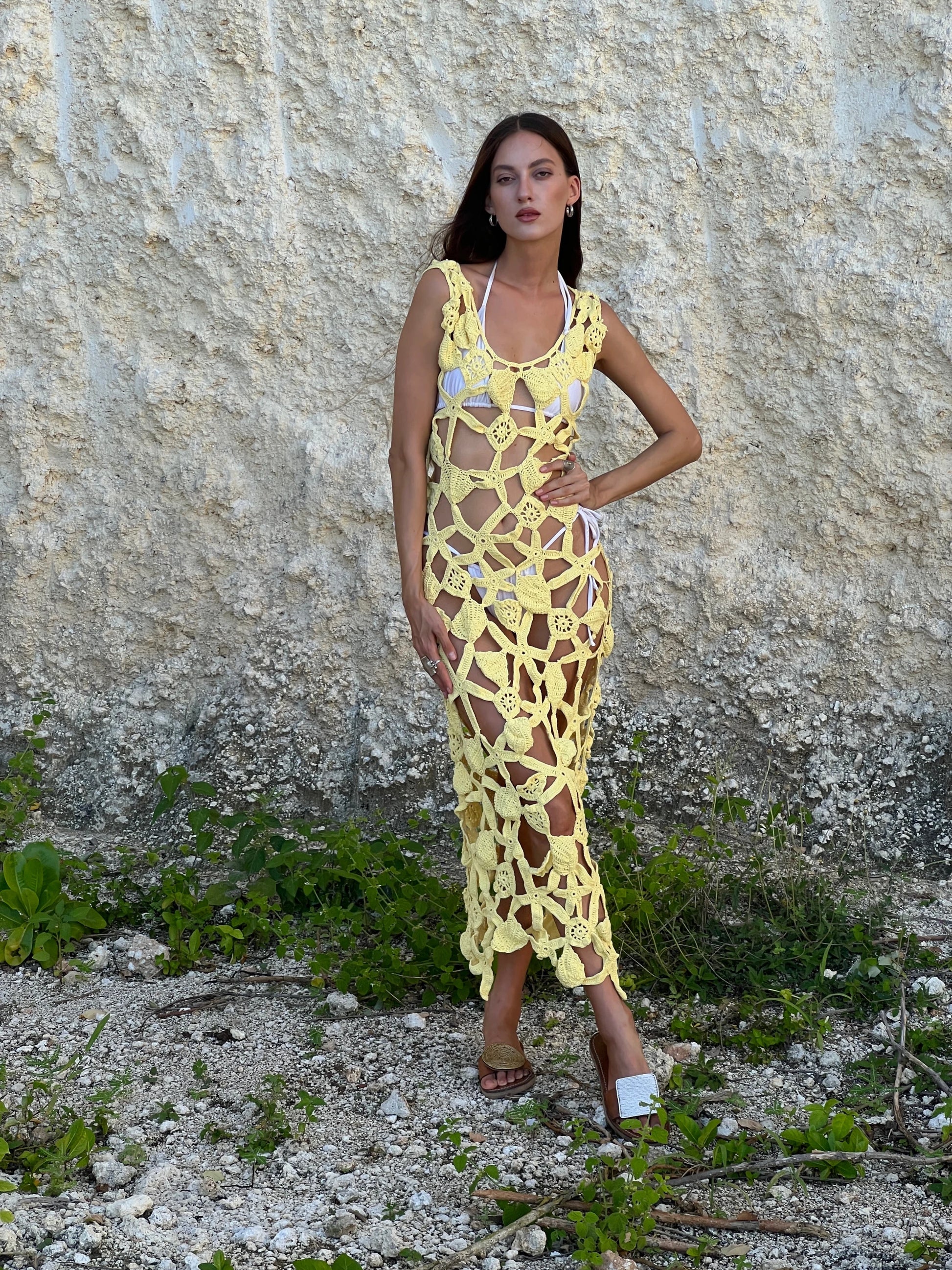 Plumeria Dress in Canary Yellow - bold floral crochet midi cover-up with open back and scalloped hem, front view | NYALA