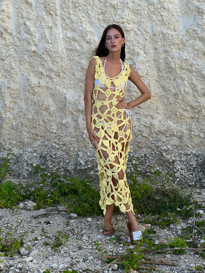Plumeria Dress in Canary Yellow - bold floral crochet midi cover-up with open back and scalloped hem, front view | NYALA