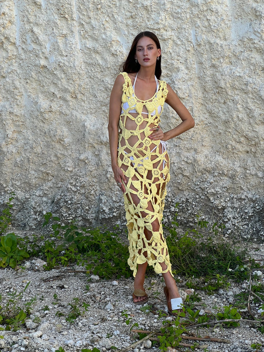 Plumeria Dress in Canary Yellow - bold floral crochet midi cover-up with open back and scalloped hem, front view | NYALA