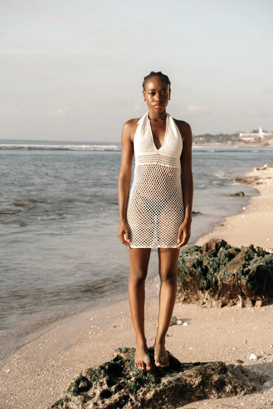 Pallavi Dress in Ivory - crochet knee dress with open back, front view | NYALA