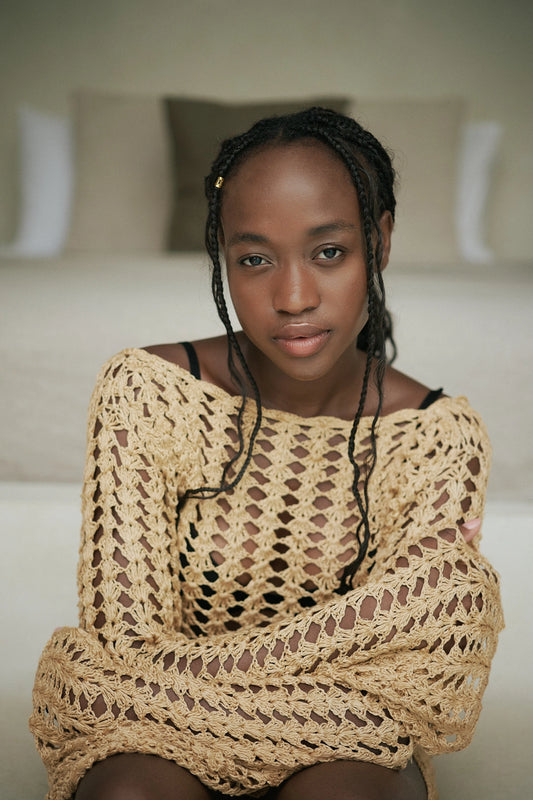 Rimbu Dress in Gold - crochet cover-up with long sleeves and boat neckline, front close view | NYALA