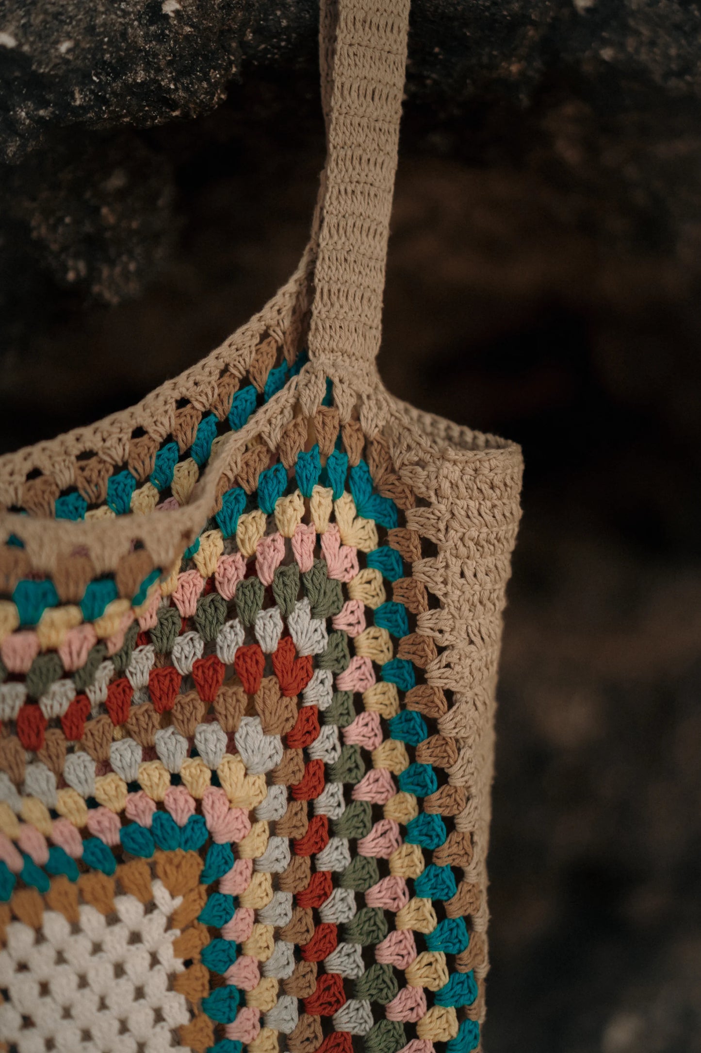 Orion Shopper Bag in Natural brown - a large open-weave crochet shopper with multicolour granny square center panel, close view | NYALA