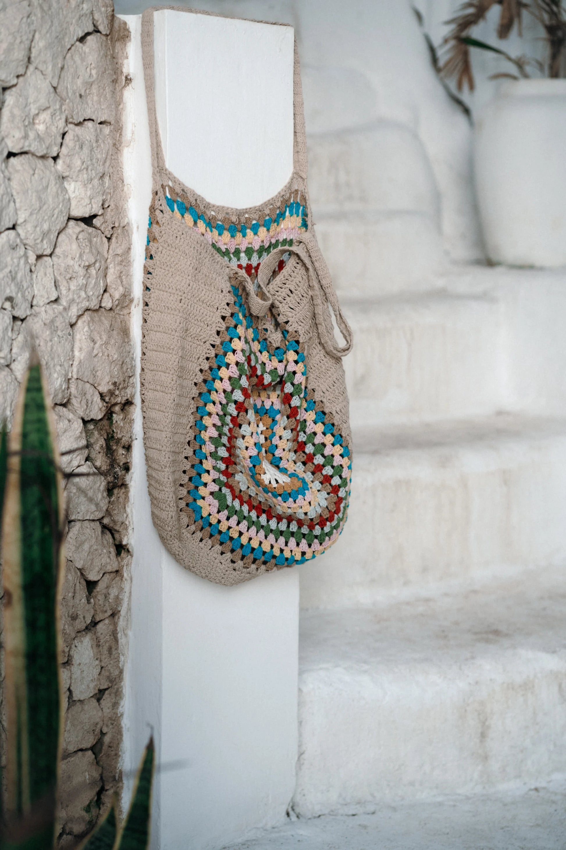 Orion Shopper Bag in Natural brown - a large open-weave crochet shopper with multicolour granny square center panel, front view | NYALA