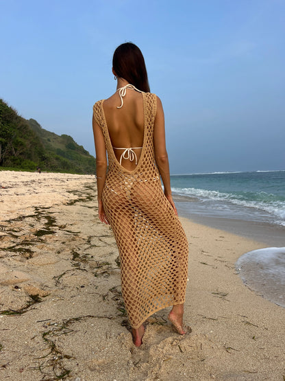 Golden Hour Dress in Honeycomb - relaxed crochet maxi cover-up with round neckline, and deep U-back, back view | NYALA