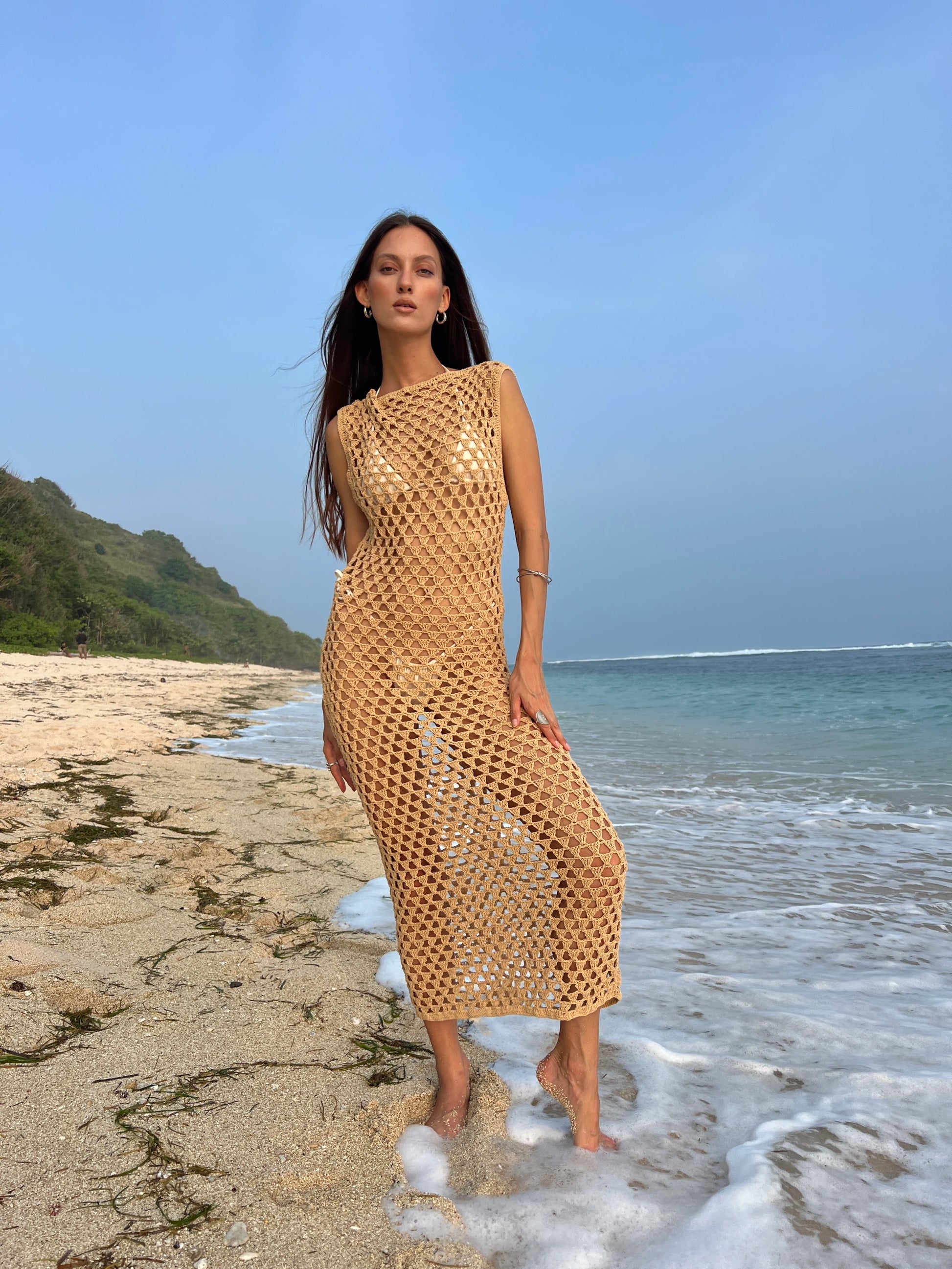 Golden Hour Dress in Honeycomb - relaxed crochet maxi cover-up with round neckline, and deep U-back, front view | NYALA