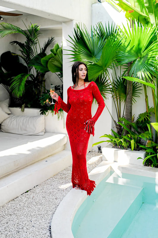 Scarlet Maxi Dress in Red - fit-body open weave crochet beach cover-up dress, front view | NYALA