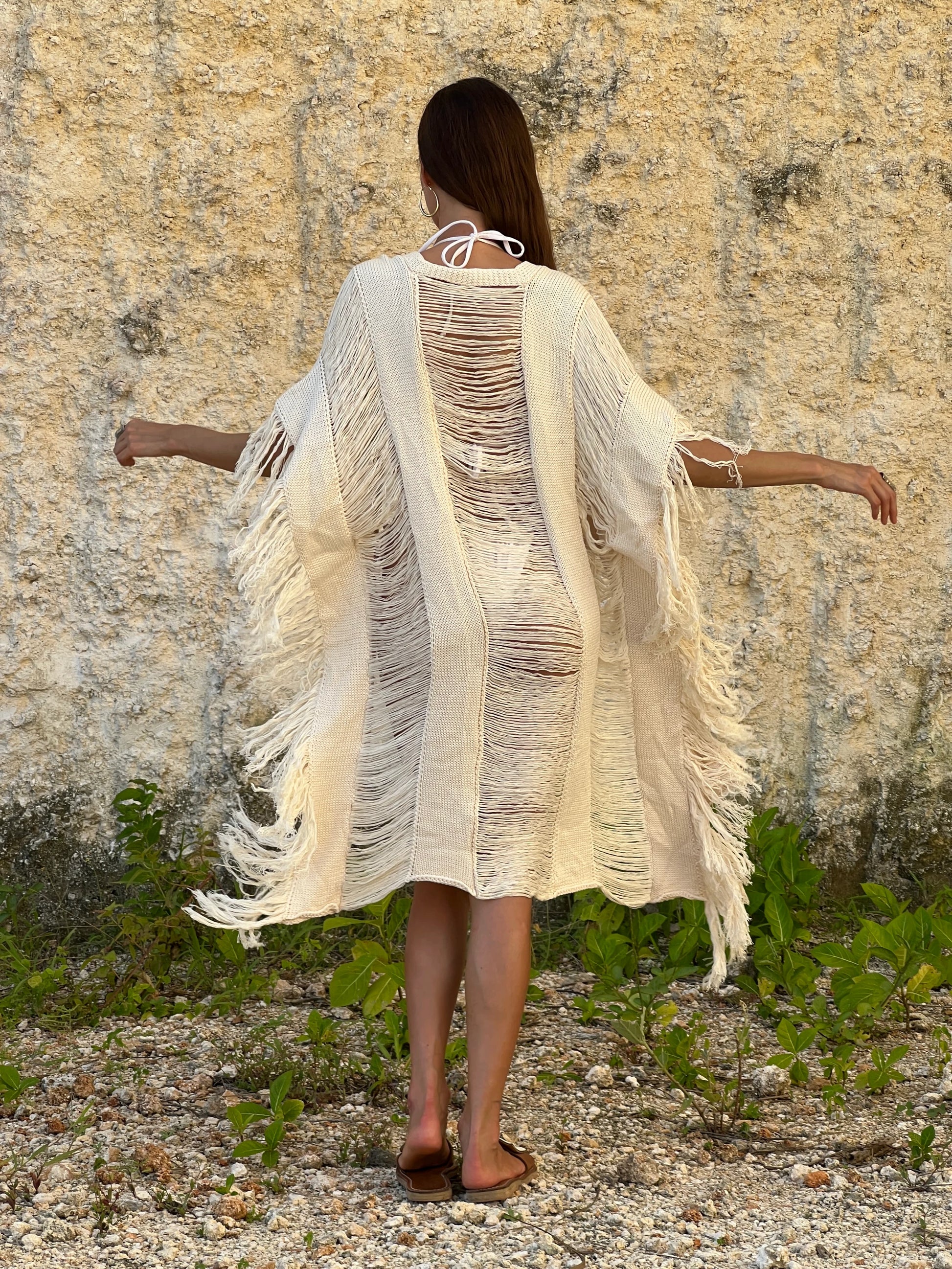 Suma Cardigan - loose-fitting distressed knit midi with tassels and open front, back view | NYALA