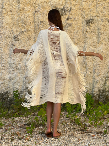 Suma Cardigan - loose-fitting distressed knit midi with tassels and open front, back view | NYALA