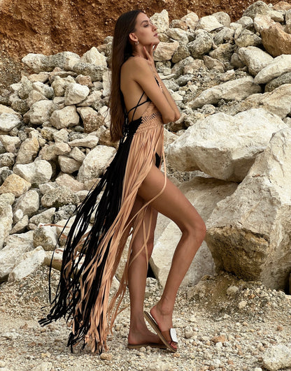 Tropical Dress in Eclipse - macrame halter cover-up with knotwork bodice, deep V front, lace-up back and floor-length fringe, side view | NYALA