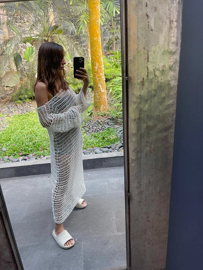 Venila Dress in Ivory - form-fitting long sleeve fishnet crochet midi, front lifestyle view  | NYALA