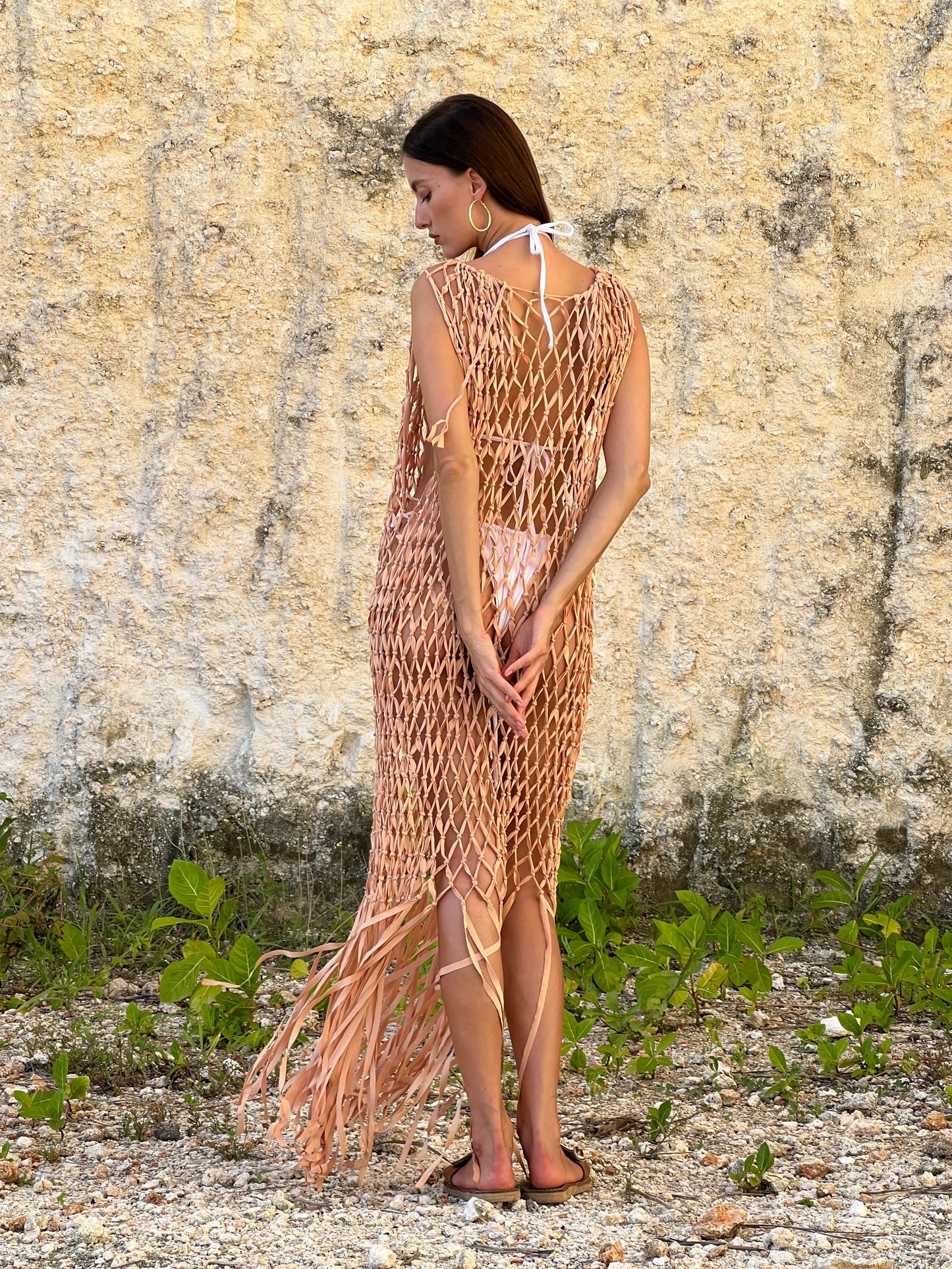 Wave Maker Dress in Nude - macrame beach cover-up with fringed hem from knee to ankle, back view | NYALA